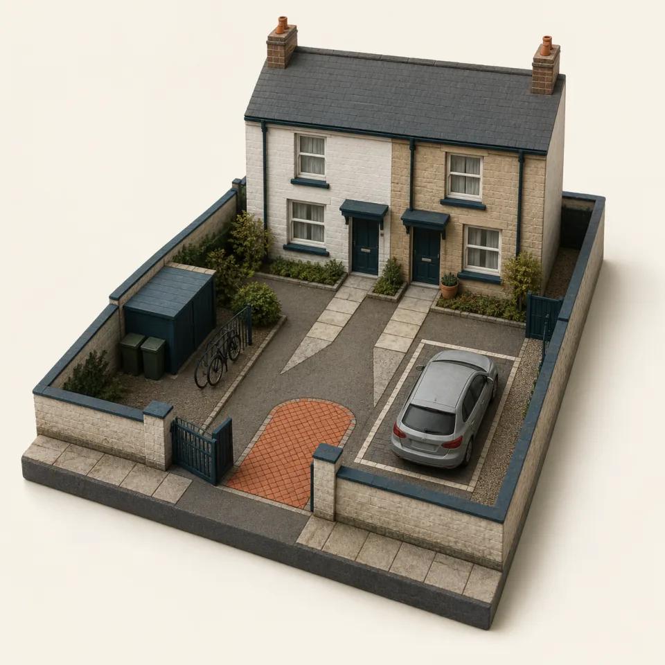 3D overhead model of two UK homes with a shared driveway, one parking bay, gates, boundary walls, bin store, bikes, and delivery route