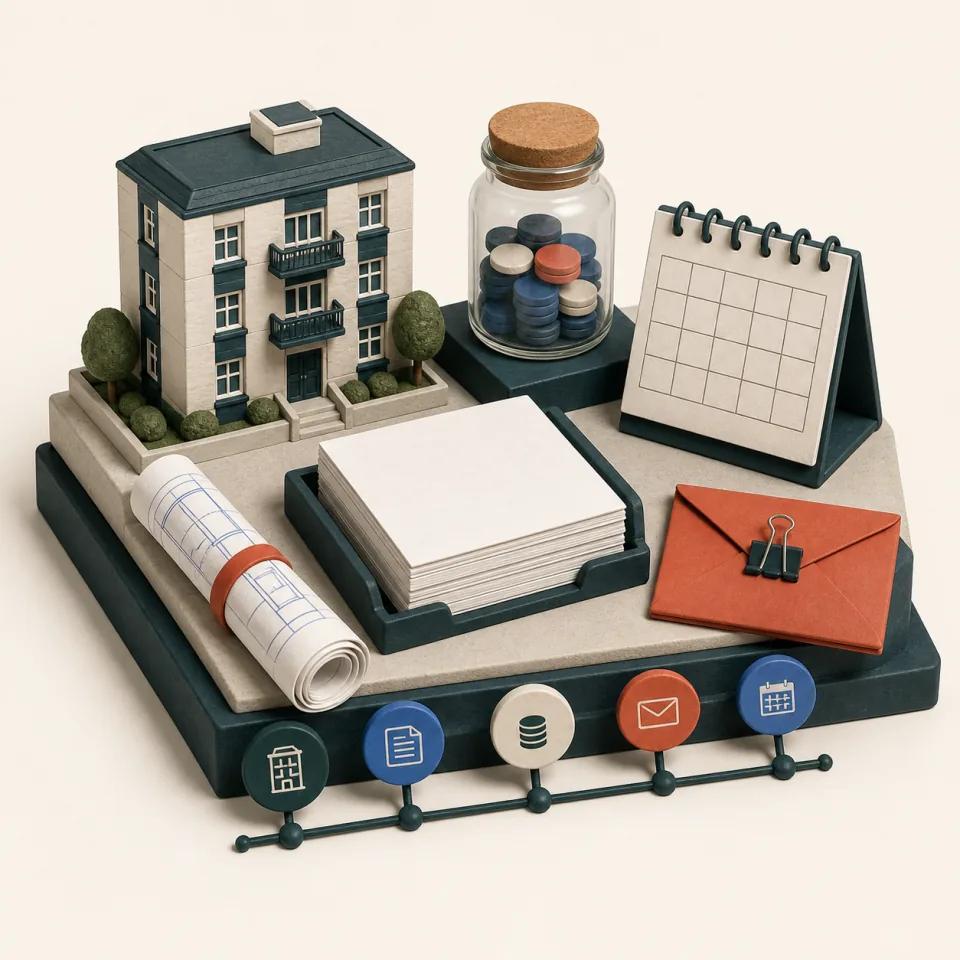 3D desk with a block-of-flats model, blank statement stack, reserve-fund jar, calendar, rolled works plan, and clipped envelope