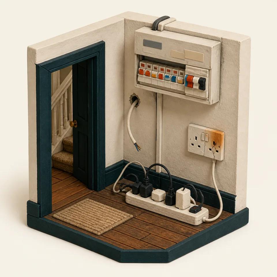 3D hallway model with an older consumer unit, cracked and discoloured socket, temporary cable, and overloaded extension lead