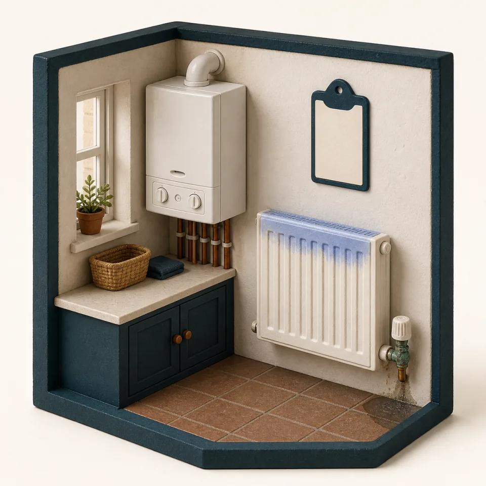 3D utility room with a wall boiler, radiator with a cool upper section, corroded valve, and a small water mark below