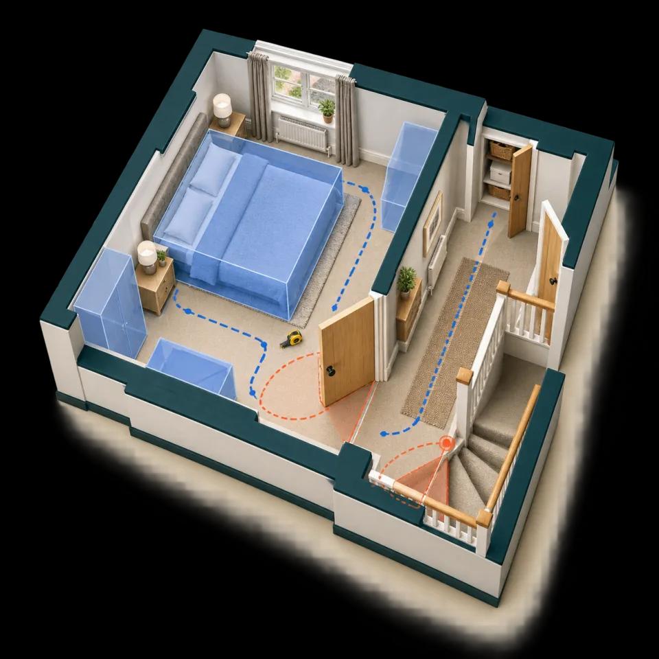 3D overhead bedroom and hall model with furniture footprints, a narrow route, door swings, storage, tape measure, and tight stair turn