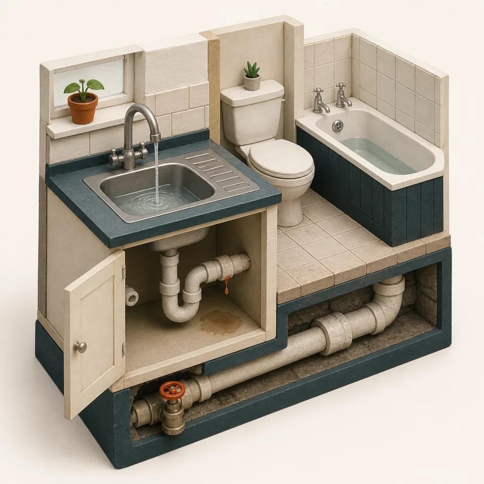 3D kitchen and bathroom cutaway showing weak tap flow, pooled basin water, an open sink cupboard, and a dripping pipe joint