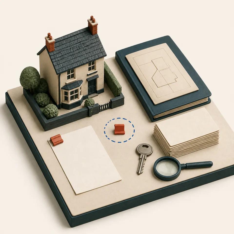 3D evidence table with a house model, loose statement sheet, separate title plan and document stack, key, and magnifying glass