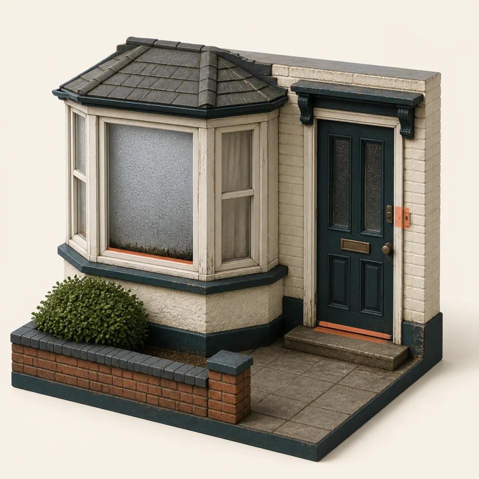 3D UK bay window and front door with condensation between panes, weathered frame, draught gap, and misaligned lock